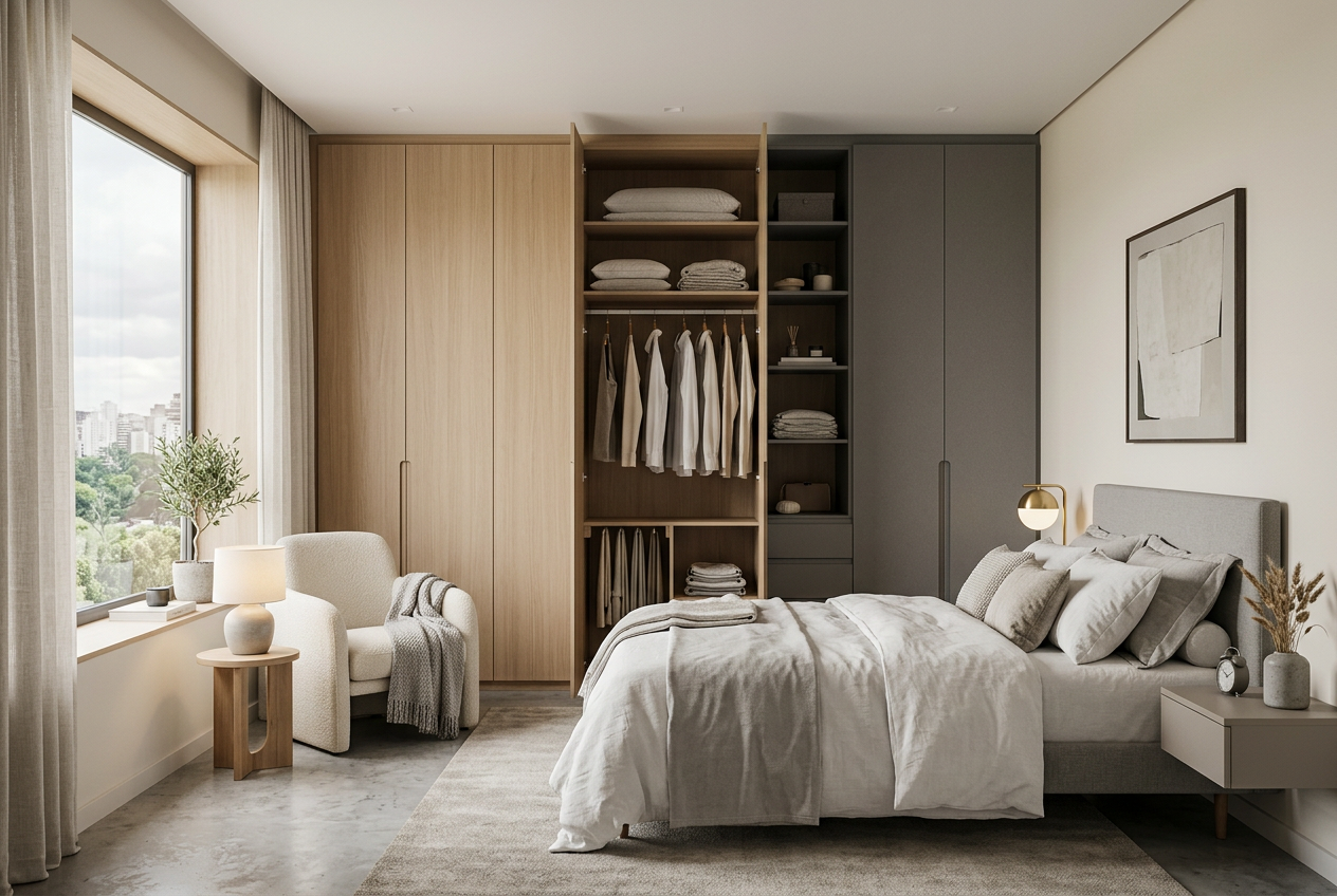 Conceito visual de quarto com guarda-roupa planejado