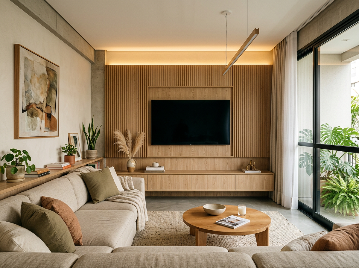 Sala contemporânea com painel, rack e marcenaria planejada